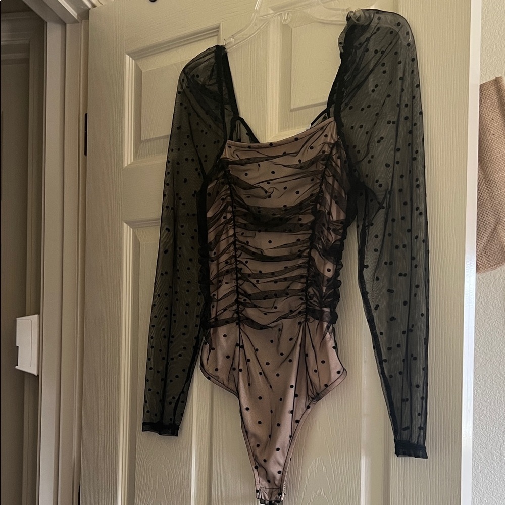 Elegant Black Mesh Polka Dot Bodysuit